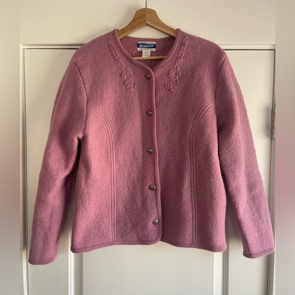 Vintage Pendleton Cottage Core Pink Wool Cardigan - L